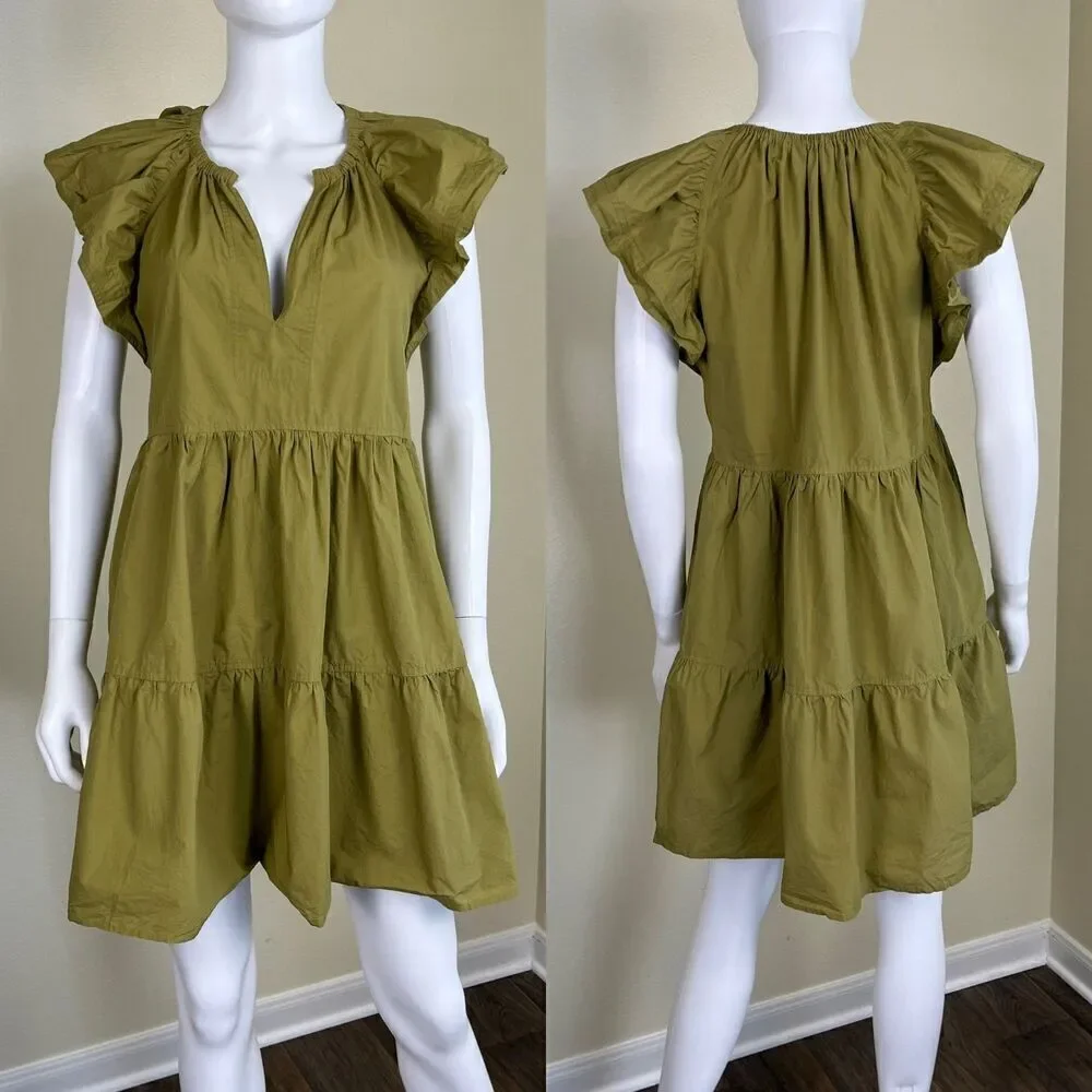 Marie Oliver Women Size XS Green Kara Tiered Cotton Babydoll Mini Pullover Dress